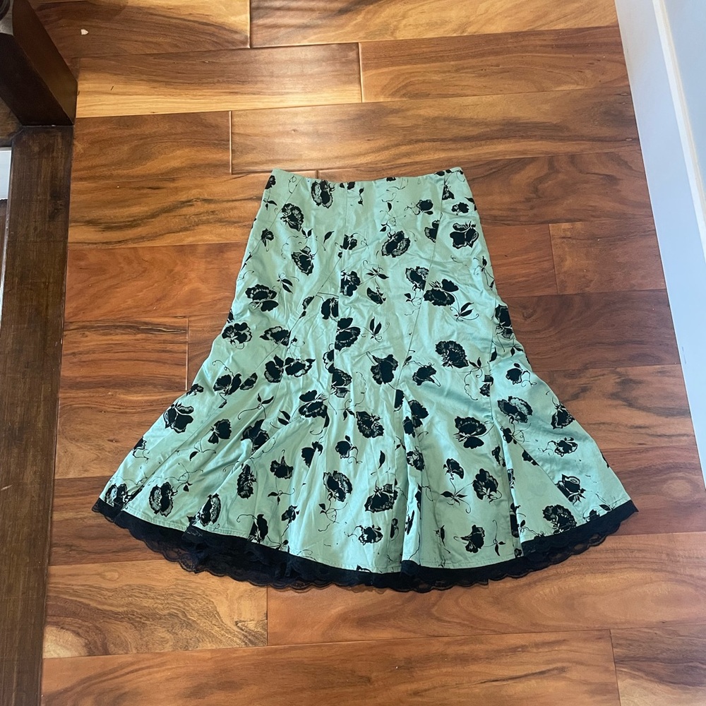 Odille Anthropologie Mint Green A-Line Skirt with Black Floral Design
